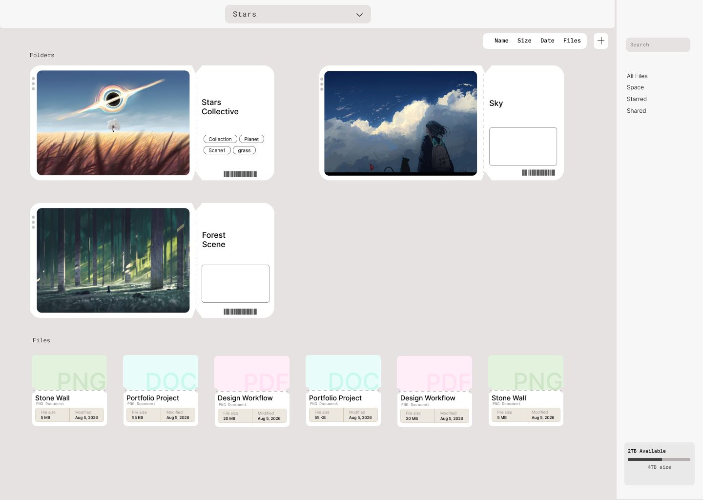 Visual File System folder overview with large preview cards and a right-side navigation rail