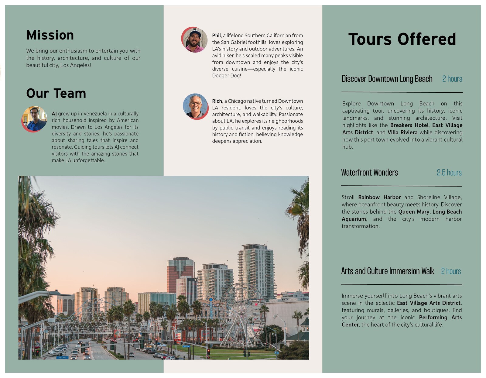Inside of the brochure showing the mission, team and three tours