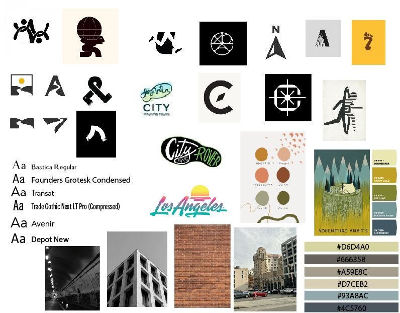 Modern city moodboard with architectural references, logo forms and muted colors
