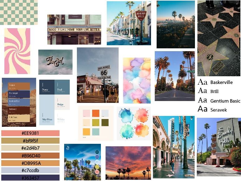 Retro Los Angeles moodboard with signs, warm colors, palms and historic references