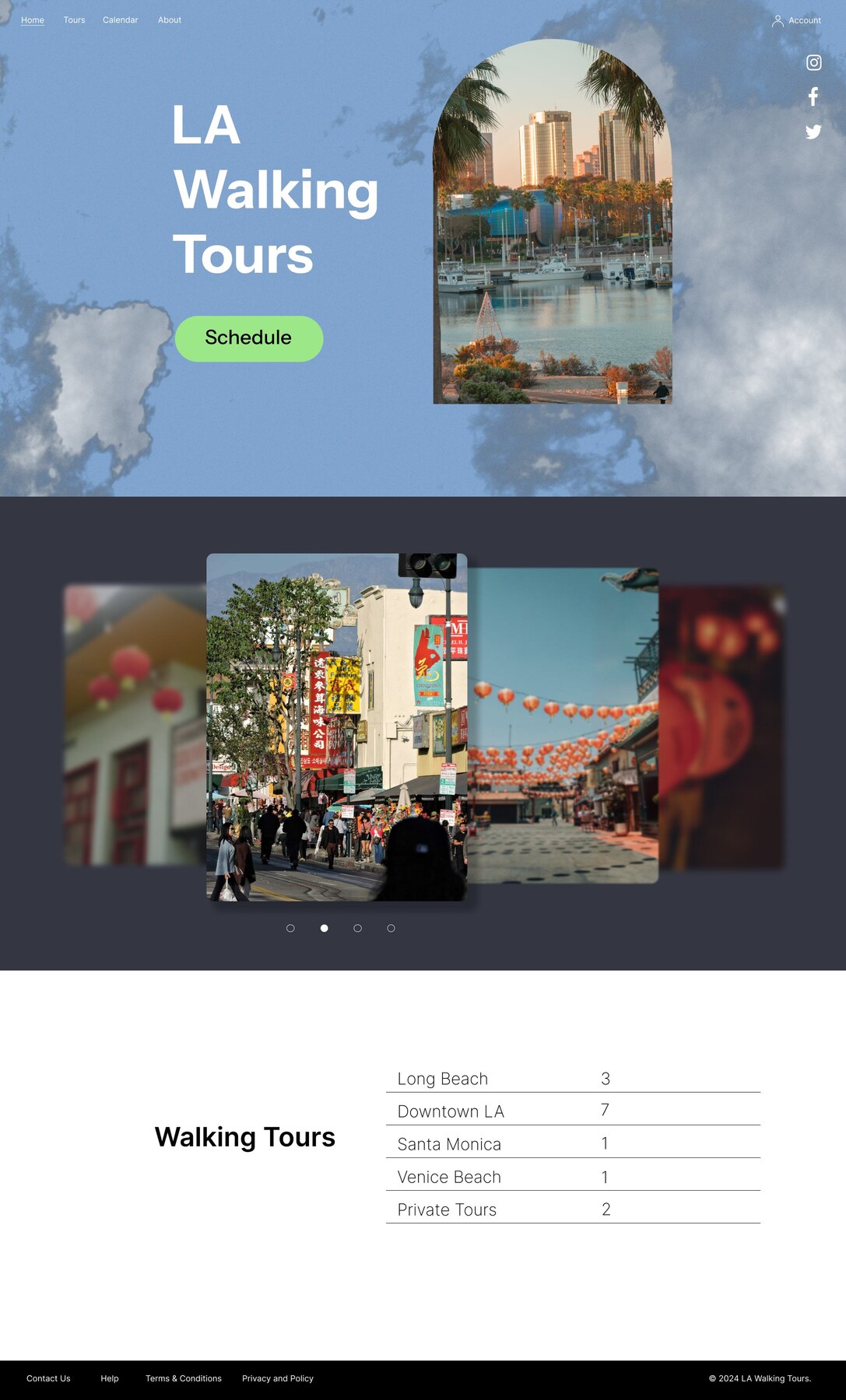 LA Walking Tours landing page with a blue hero, Long Beach photography and tour links