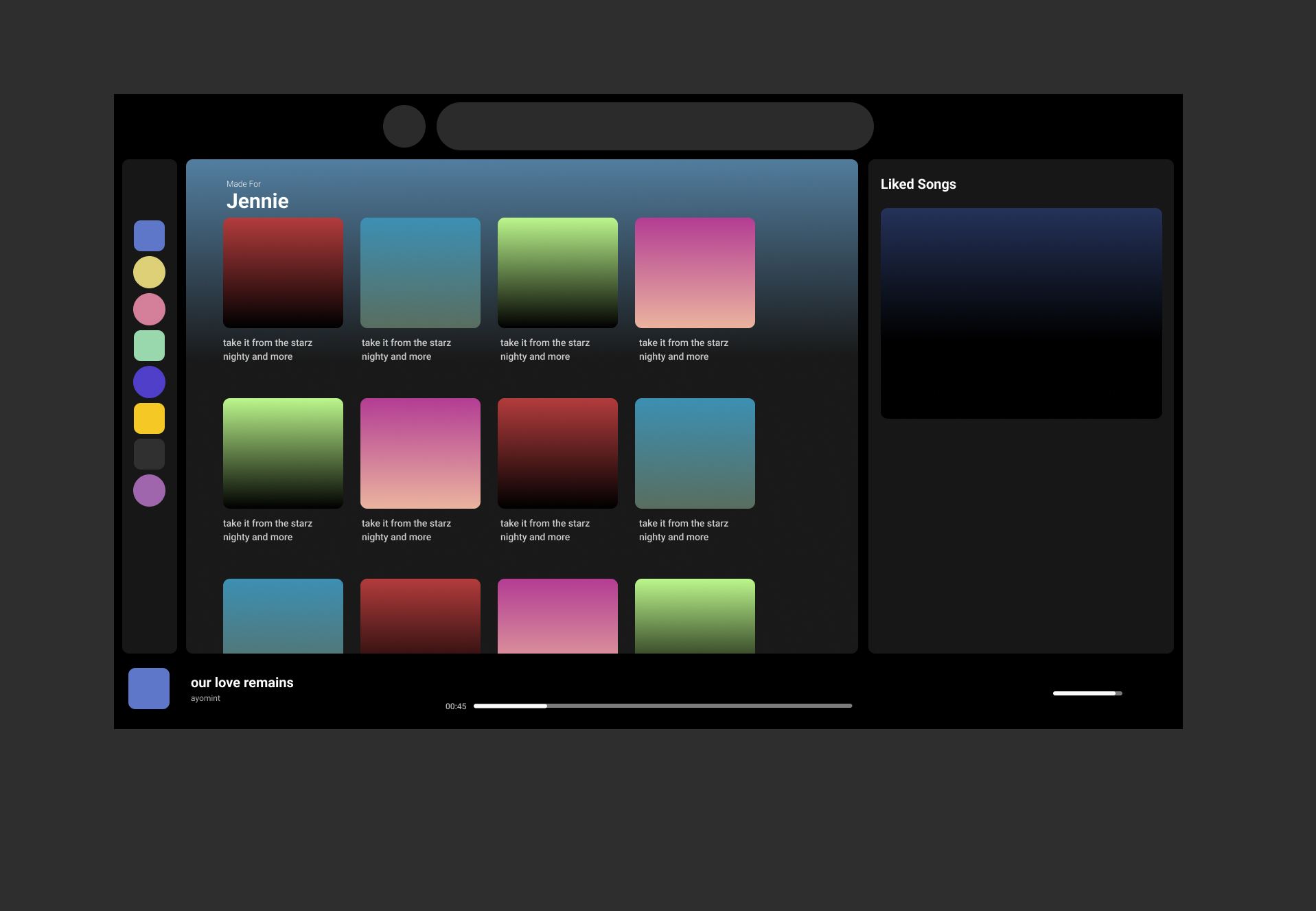 Colored Spotify redesign with four large gradient recommendation cards